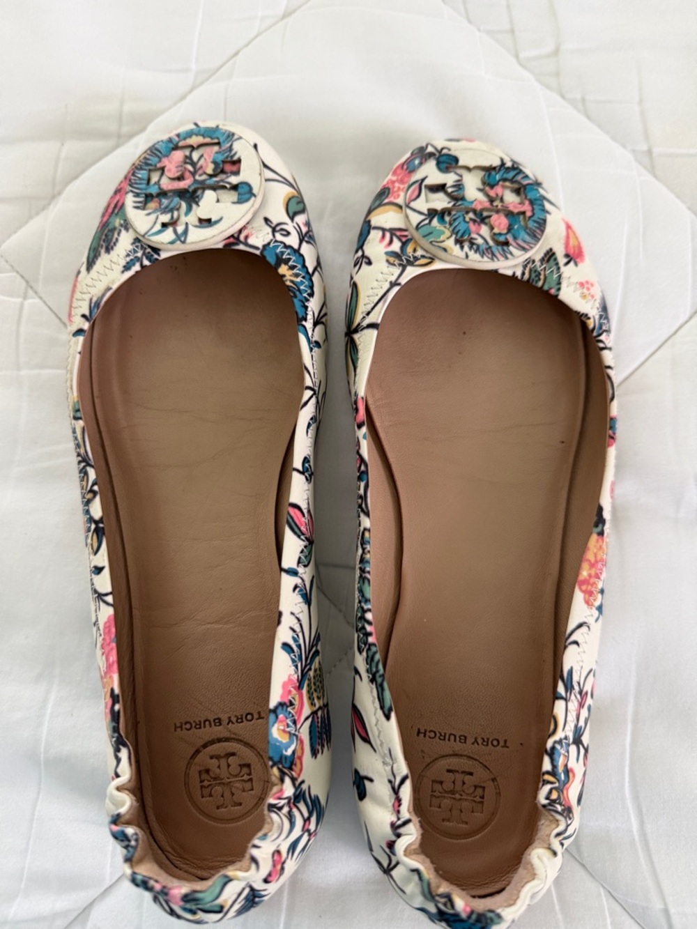 Tory Burch Cream Floral Logo Ballet Flats